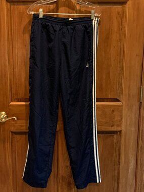 MEN'S CLASSIC ADIDAS 3 STRIPE WINDBREAKER TRACK PANTS, NAVY/WHITE, SIZE SMALL